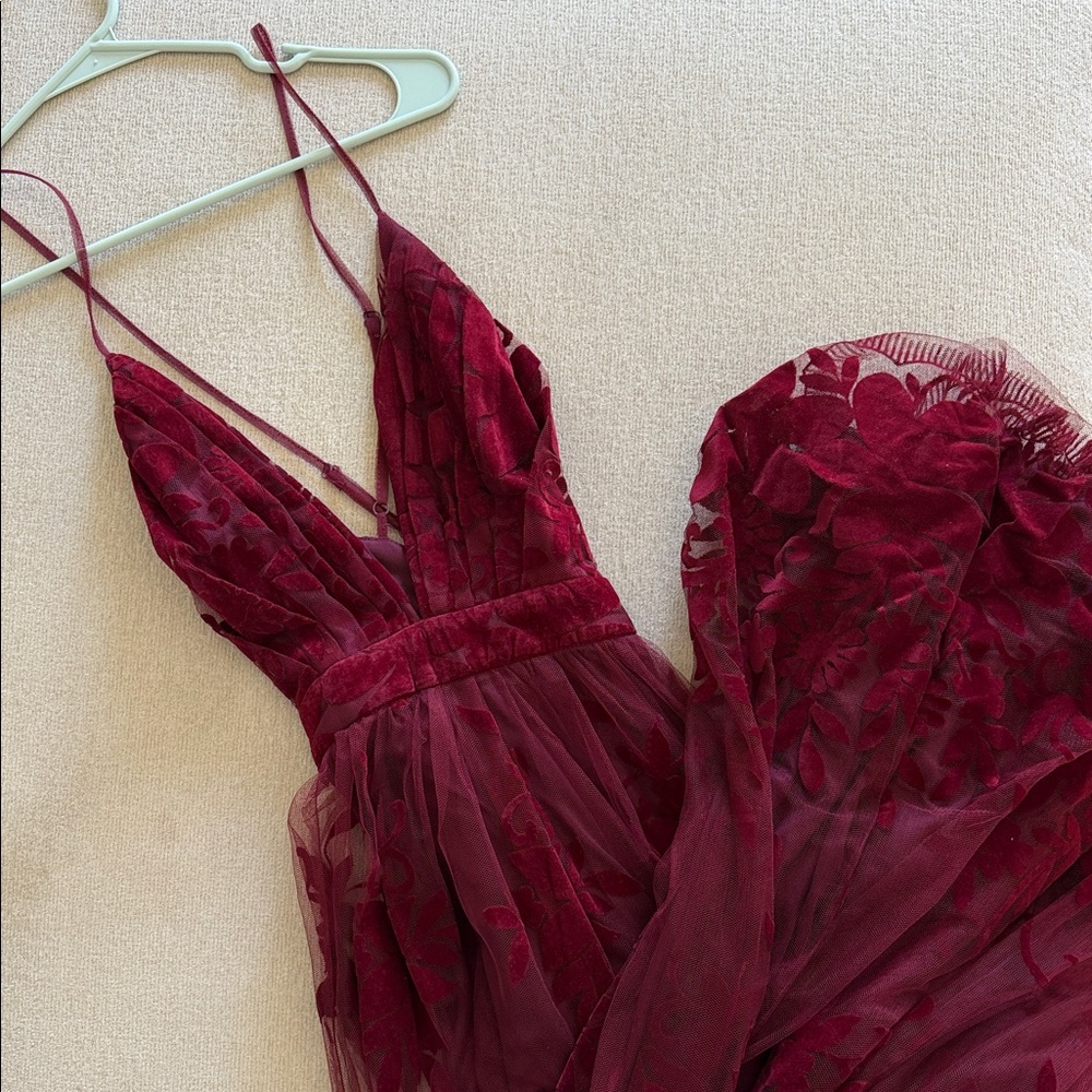Windsor Strapless Burgundy Tulle Floral Appliqué Gown